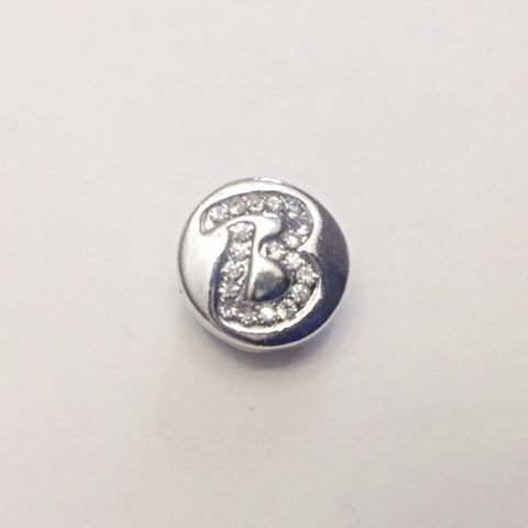 Silver coloured letter B with rhinestones 12 mm snap