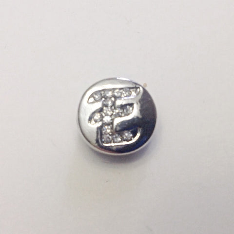 Silver coloured letter E with rhinestones 12 mm snap