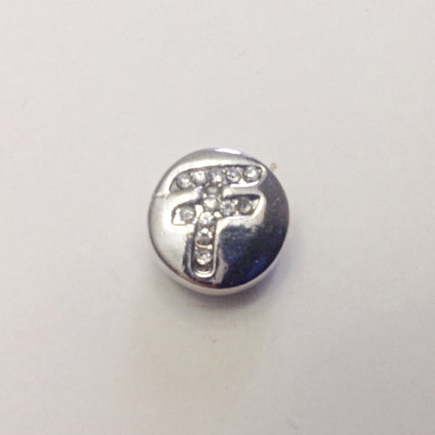 Silver coloured letter F with rhinestones 12 mm snap