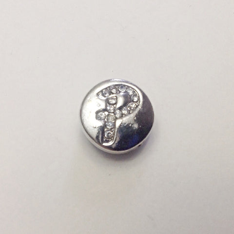 Silver coloured letter P with rhinestones 12 mm snap