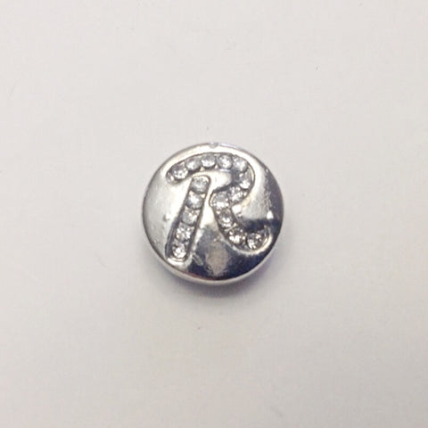 Silver coloured letter R with rhinestones 12 mm snap