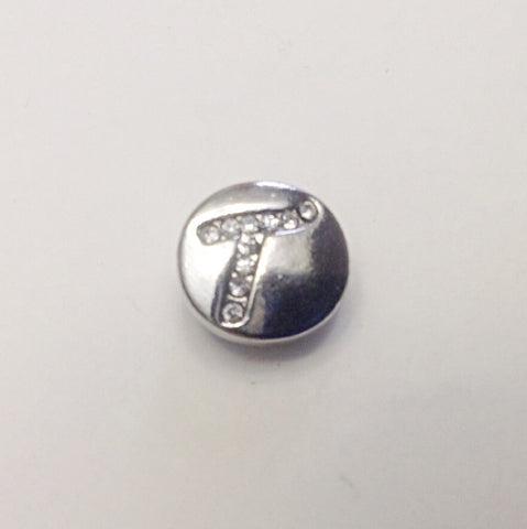 Silver coloured letter T with rhinestones 12 mm snap