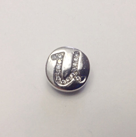 Silver coloured letter U with rhinestones 12 mm snap