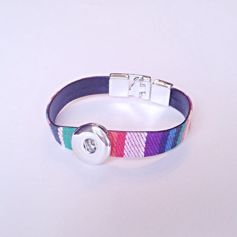 Mulit colour stiff leather and fabric poncho style bracelet for 18 mm snap