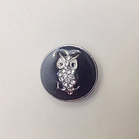 Black enamel and silver owl with rhinestones in body 18 mm snap