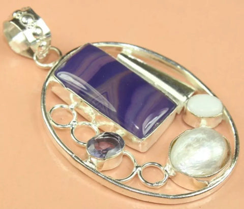 Botswana Agate and Multi Stone 925 Sterling Silver Pendant