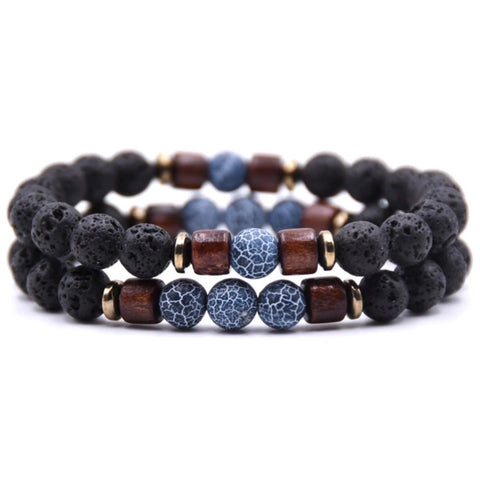 Crackled Grey Stone and Wooden Bead With Lava Stone Aromatherapy Bracelet ( 2 choices)