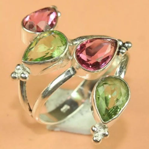 Green Amethyst and Pink Rubellite 925 Sterling Silver Ring
