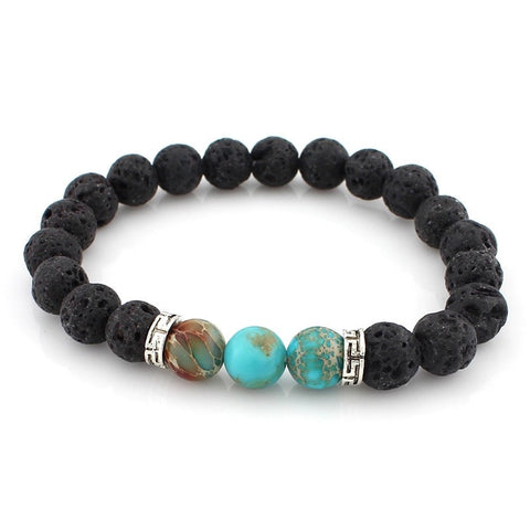 Natural Blue Emperor Jasper and Lava Stone Aromatherapy Bracelet - Silver Spacer