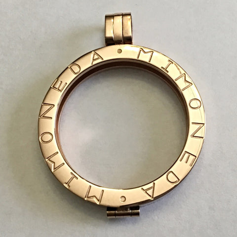 Rose gold with etched Mi Moneda on front face locket to fit 33 mm coin