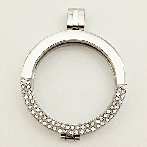 Silver coloured with half of the front of the frame encrusted in rhinestones fits 33 mm coins