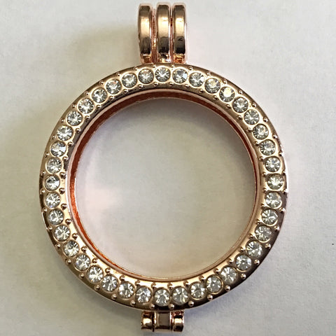Rose gold with encrusted rhinestone surround of front locket for 33 mm coin