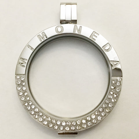 Silver coloured Mi Moneda with rhinestones encrusted on half of the frame locket to fit 33 mm coins