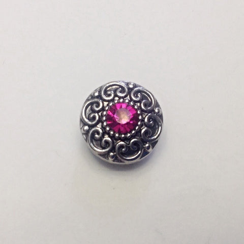 Antique silver round with heart design surround and dark pink rhinestone in centre 12 mm snap