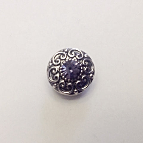 Antique silver round with heart design surround and purple rhinestone in centre 12 mm snap