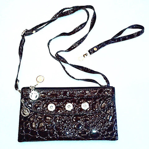 Chocolate brown pu leather crocodile pattern with wristlet and long strap purse for 18 mm snap