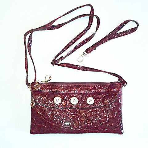 Burgandy pu leather crocodile pattern with wristlet and long strap purse for 18 mm snap