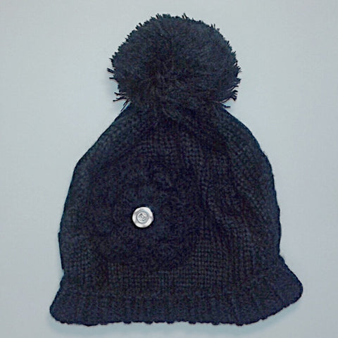 Black warm cable knit winter hat with flower and pom pom for 18 mm snap