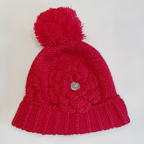 Red warm cable knit winter hat with flower and pom pom for 18 mm snap