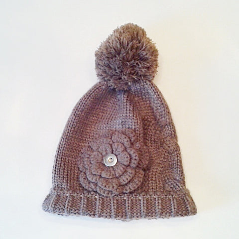 Brown warm cable knit winter hat with flower and pom pom for 18 mm snap