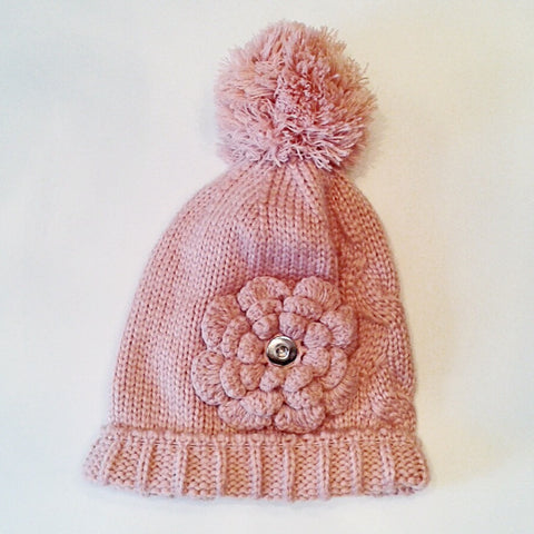 Pink warm cable knit winter hat with flower and pom pom for 18 mm snap