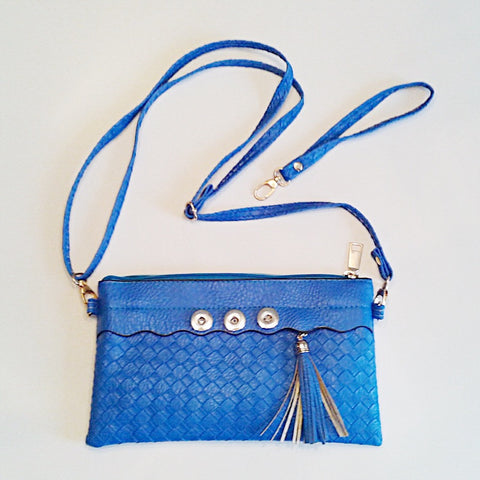 Dark blue genuine leather with snake skin look leather purse with wristlet and strap for three 18 mm snaps
