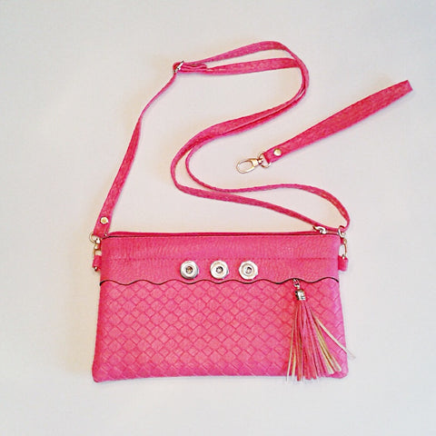 Hot pink genuine leather with snake skin look leather purse with wristlet and strap for three 18 mm snaps