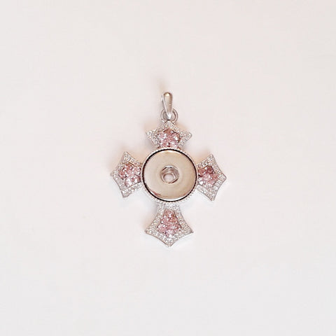 Silver coloured cross pendant with pink rhinestones for 18 mm snap