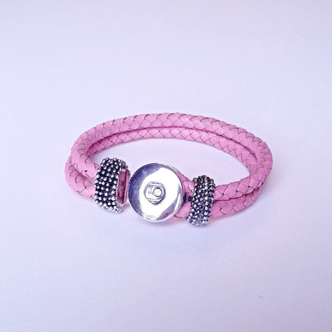 Pink braided leather button hole bracelet for 18 mm snap