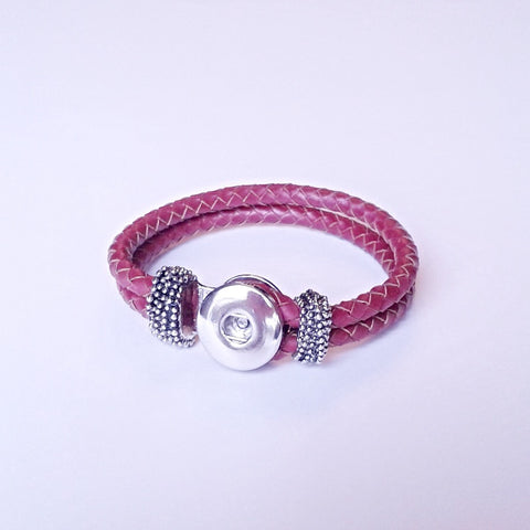 Red braided leather button hole bracelet for 18 mm snap