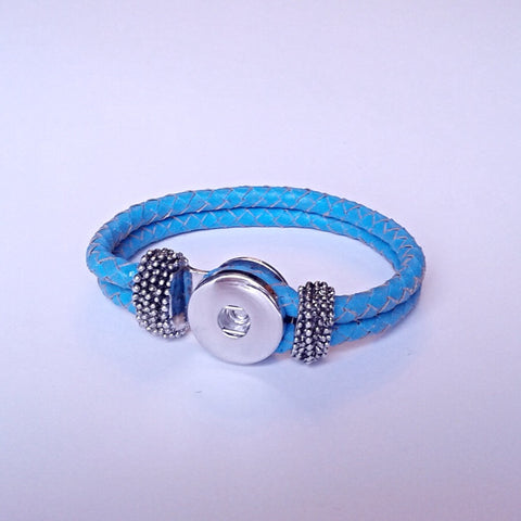 Sky blue braided leather button hole bracelet for 18 mm snap