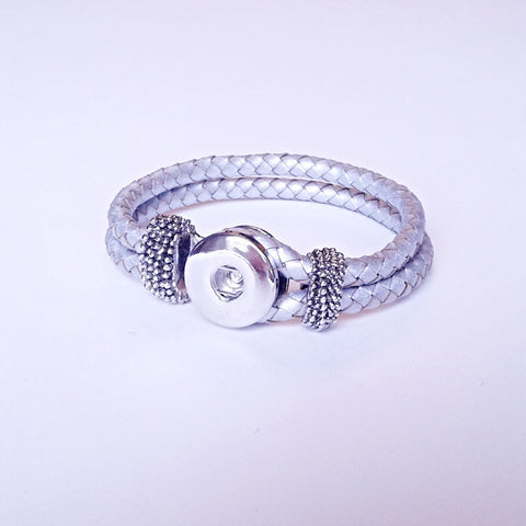 Silver braided leather button hole bracelet for 18 mm snap