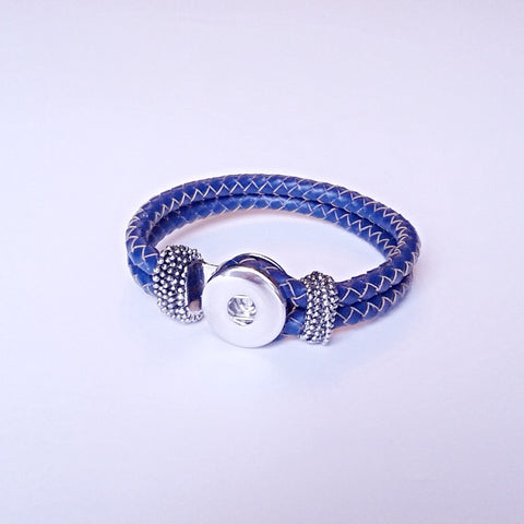 Dark blue braided leather button hole bracelet for 18 mm snap