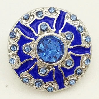 Silver with dark blue enamel and blue rhinestone centre with light blue small rhinestones 18 mm snap