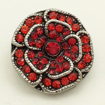Antique silver red rhinestones flower 18 mm snap