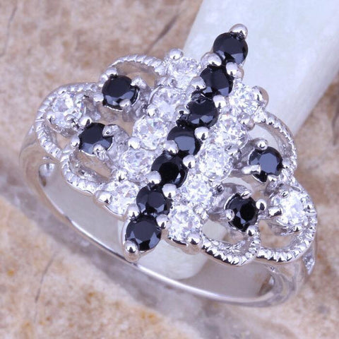 Princess Black Sapphire and White Topaz Ring