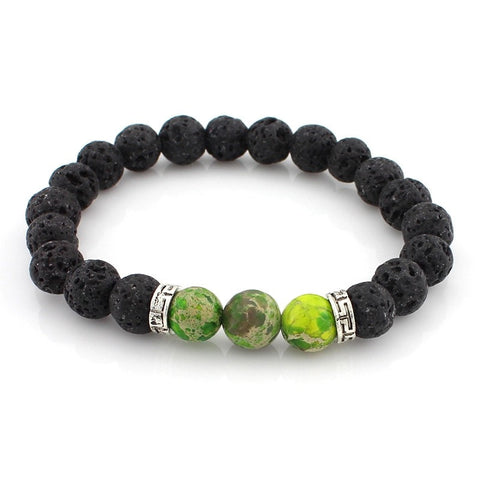 Natural Green Jasper and Lava Stone Aromatherapy Bracelet - Silver Spacer