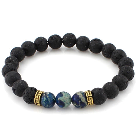 Natural Blue Sodalite and Lava Stone Aromatherapy Bracelet - Gold Spacer