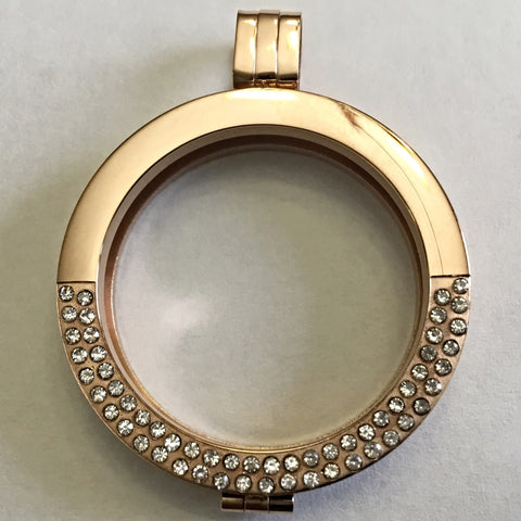 Rose gold with half of front frame encrusted with rhinestones locket to fit 33 mm coin