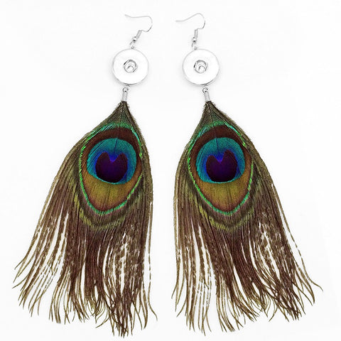 Peacock Feather Drop Earrings for 18 mm Snaps